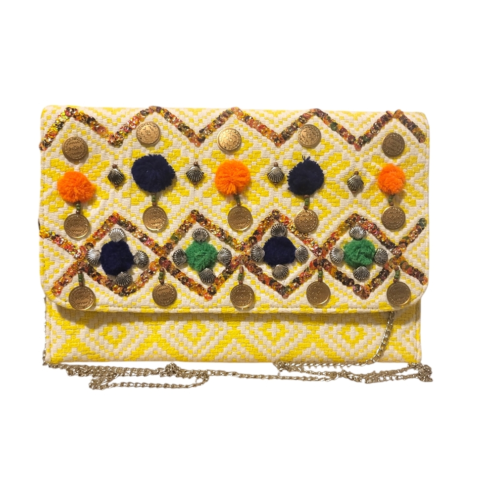 Fun Yellow Bohemian Embellished Clutch Or Crossbody Purse By Charade,‎ Pre-Owned